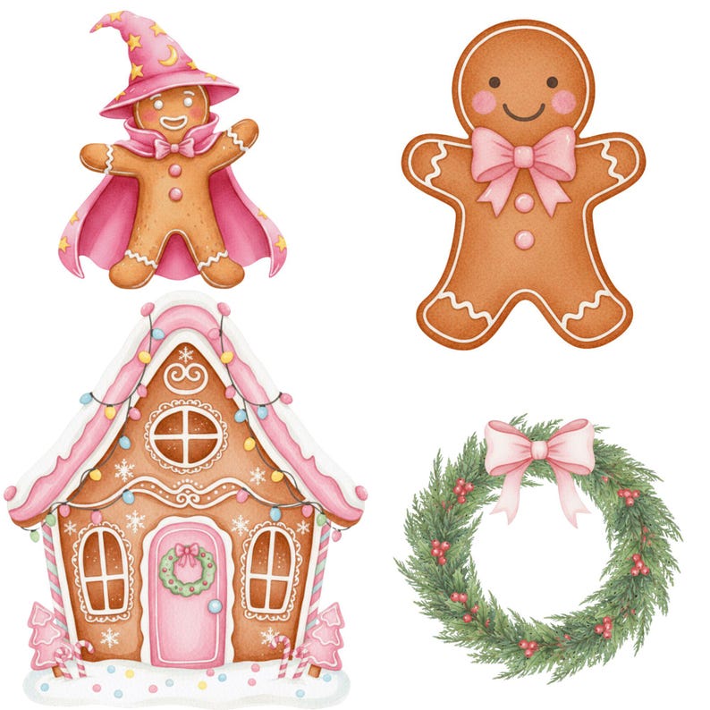 Hand-painted watercolor pink gingerbread cookies with bows and hearts for coquette Christmas sublimation designs.