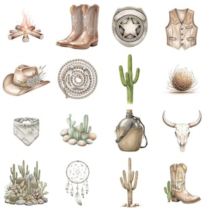 Neutral western digital clipart set including cowboy hats, cactus plants, and rustic farm elements for crafting and scrapbooking.