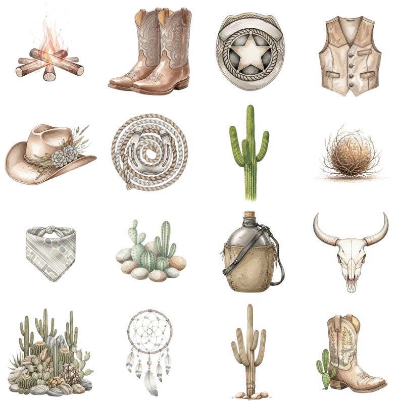 Neutral western digital clipart set including cowboy hats, cactus plants, and rustic farm elements for crafting and scrapbooking.