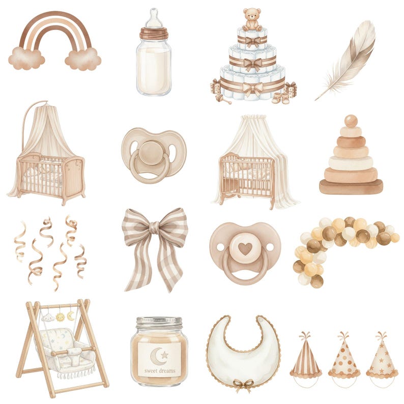 3. Watercolor Neutral Baby Clipart, Boho Baby Shower PNG, Hot Air Balloon, Cute Teddy Bear, Gender Neutral Nursery Decor
