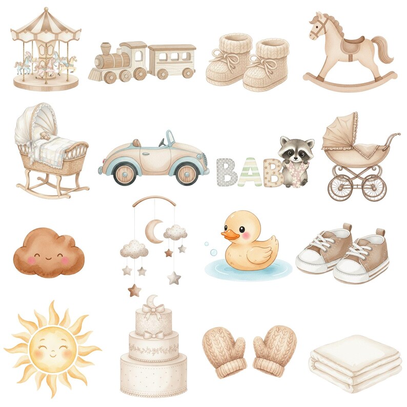 4. Neutral Baby Clipart, Boho Teddy Bear PNG, Hot Air Balloon Clipart, Watercolor Baby Animals, Beige Nursery Art