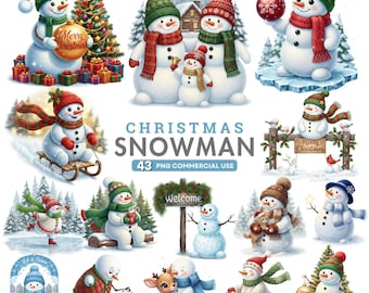 Clipart de muñeco de nieve de acuarela, PNG de muñeco de nieve navideño, Clipart festivo de invierno, Arte de muñeco de nieve lindo, Paquete navideño, Muñeco de nieve vintage, Uso comercial