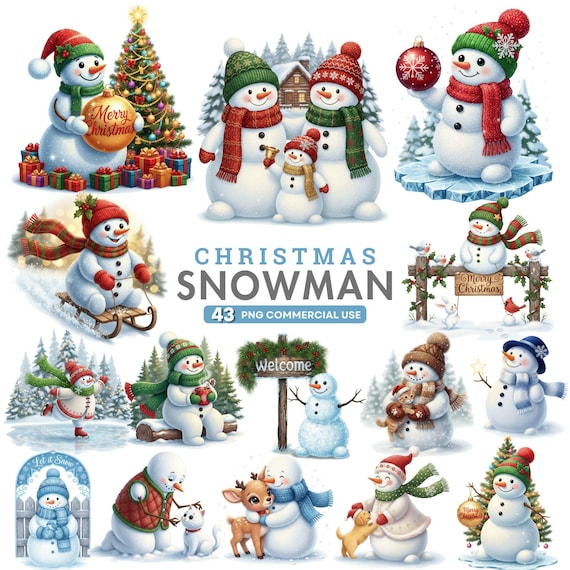 Watercolor Snowman Clipart, Christmas Snowman PNG, Festive Winter Clipart, Cute Snowman Art, Holiday Bundle, Vintage Snowman, Commercial Use