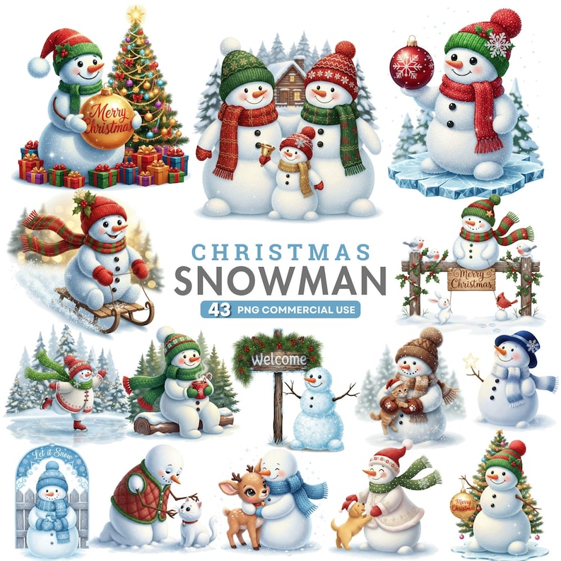 Hand-painted watercolor snowman clipart featuring cute winter characters and festive Christmas details.