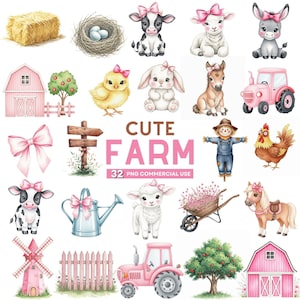 Cute Farm Clipart, Watercolor Farm Animals PNG, Baby Farm Clipart, Cottagecore Barn Animals, Cute Cow, Horse, Sheep, Duck, Commercial Use
