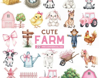 Cute Farm Clipart, Watercolor Farm Animals PNG, Baby Farm Clipart, Cottagecore Barn Animals, Cute Cow, Horse, Sheep, Duck, Commercial Use