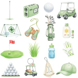 Digital watercolor golf clipart bundle including golf course elements, golf accessories, and sports-themed PNGs for printable use.