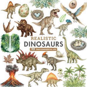 Puede incluir: Ilustraciones en acuarela de varios dinosaurios, huevos, nidos y plantas tropicales. La imagen incluye un Spinosaurus, un T-Rex, un Triceratops y un Stegosaurus. El texto dice "Realistic Dinosaurs" y "98 PNG Commercial Use."