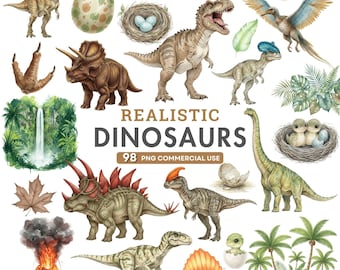 Realistic Dinosaur Clipart, Watercolor Dinosaurs PNG, T-Rex Triceratops Prehistoric Art, Dinosaur Nursery Baby Shower, Jurassic PNG Bundle