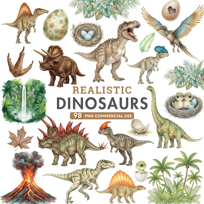 Hand-painted realistic T-Rex dinosaur clipart in watercolor style, perfect for nursery art, baby shower designs, and digital projects.