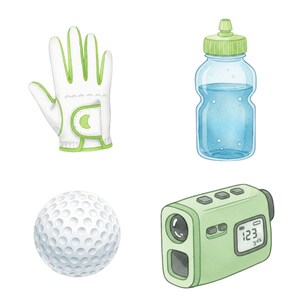 Golf-themed watercolor clipart bundle with digital PNGs of golf accessories, perfect for scrapbooking, planner stickers, and party decor.