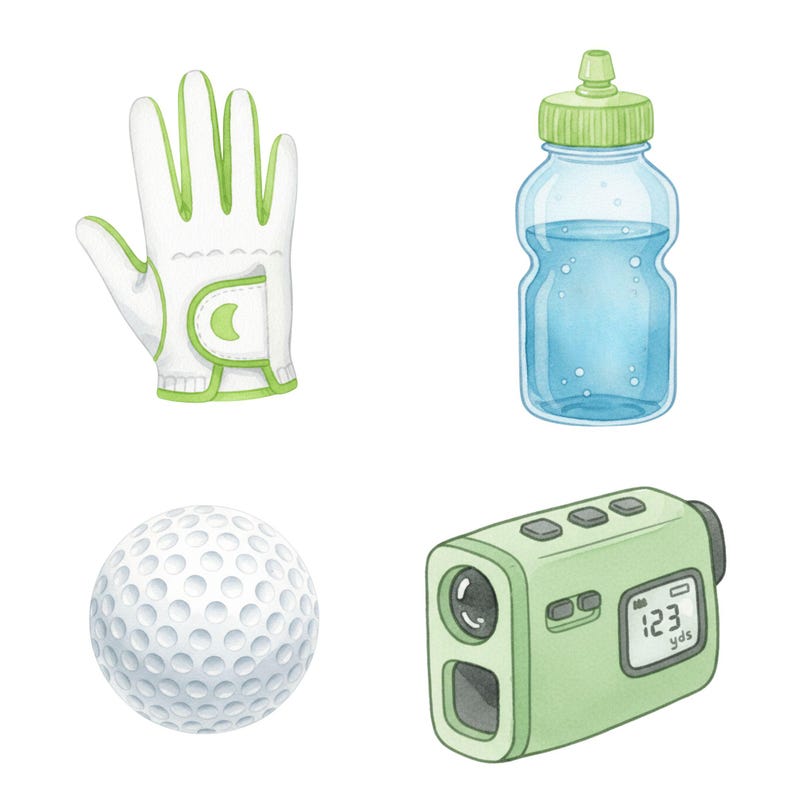 Golf-themed watercolor clipart bundle with digital PNGs of golf accessories, perfect for scrapbooking, planner stickers, and party decor.