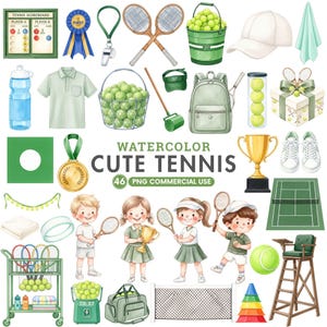 May include: A collection of watercolor tennis-themed illustrations including a scoreboard, blue ribbon, whistle, rackets, tennis balls in a bucket, white cap, towel, water bottle, polo shirt, ball basket, roller, visor, backpack, gift box, trophy, and sneakers.