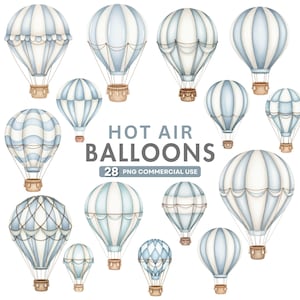 Pode incluir: Ilustração em aquarela de vários balões de ar quente em vários tamanhos. Os balões são principalmente brancos e azul claro, com cestos de vime castanhos. O texto "HOT AIR BALLOONS" e "28 PNG COMMERCIAL USE" também está presente.