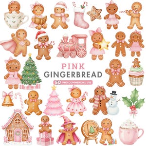 Pink gingerbread man watercolor clipart with cute icing details, perfect for girly Christmas crafts, cards, and holiday invitations.