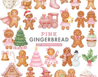 Pink Gingerbread Clipart, Cute Christmas PNG, Watercolor Gingerbread Cookies, Pastel Holiday Png, Coquette Pink Christmas, Commercial Use