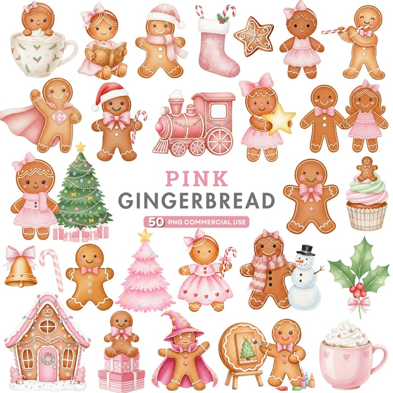 Pink gingerbread man watercolor clipart with cute icing details, perfect for girly Christmas crafts, cards, and holiday invitations.