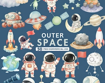 Outer Space Clipart, Watercolor Astronaut PNG, Rocket - Ship- Planets Clipart, Galaxy Nursery Wall Art, Space Birthday Party, Cute Kids Pn