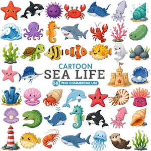 Puede incluir: Una colección de ilustraciones de dibujos animados de vida marina que incluye estrella de mar, orca, erizo, cangrejo, raya, calamar, concha, ola, pulpo, caballito de mar, tiburón, langosta, coral, pepino de mar, tortuga, pez, delfín y faro.