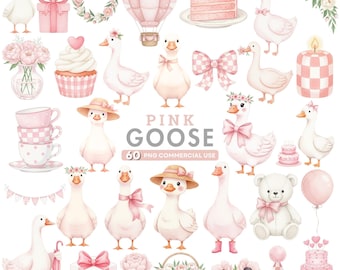 Aquarell Rosa Gänse Clipart, Girly Gans PNG, Dumme Gans-Baby-Dusche, Kokette Kinderzimmer Dekor, Baby-Mädchen-Geburtstags-Party, niedliche Bauernhof Tier