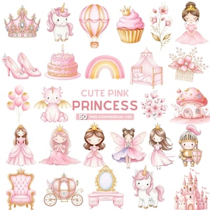 Pink Princess Clipart, Cute Little Princess and Unicorn Png, Fairytale PNG, Watercolor Castle Clipart, Magical Kingdom Art, Commercial Use