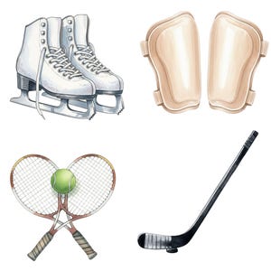 Tennis Clipart PNG with watercolor effect, perfect for sports scrapbooking, party invitations, and educational projects.