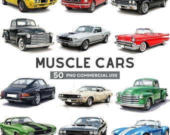 Watercolor Muscle Car Clipart, Vintage Car PNG, Classic Car Clipart, American Chevy Lover, Race Car PNG, Sports Car Digital Download