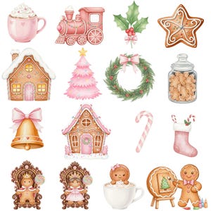 Watercolor pink gingerbread cookies with soft frosting, perfect for feminine holiday clipart bundles and digital scrapbooking.