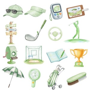 Hand-drawn watercolor golf set with golf club, ball, and golf cart illustrations, perfect for Father’s Day gifts and golf party decor.