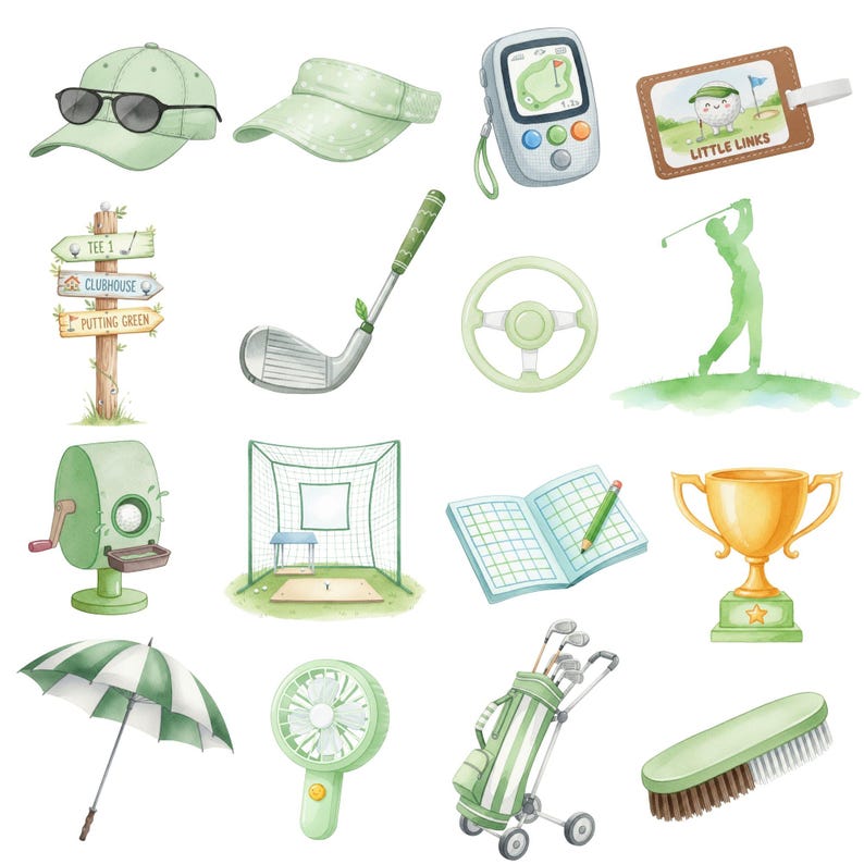 Hand-drawn watercolor golf set with golf club, ball, and golf cart illustrations, perfect for Father’s Day gifts and golf party decor.