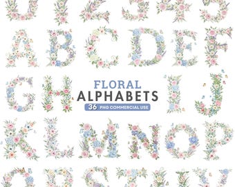 花柄アルファベット文字クリップアート、水彩花文字PNG、ピンクの花柄文字、植物モノグラムセット、印刷可能、ウェディングスクラップブッキング