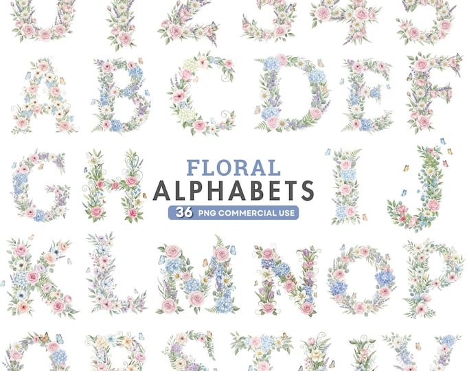 Floral Alphabet Letter Clipart Bundle 26 High Quality PNG, Watercolor ...
