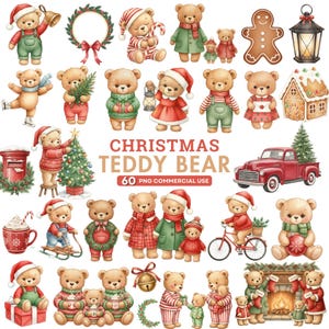 May include: A collection of watercolor illustrations featuring Christmas teddy bears in various festive scenes. Bears are depicted with Santa hats, holding gifts, decorating a tree, and riding a bicycle. The image includes a red pickup truck with a Christmas tree and the text "Christmas Teddy Bear".
