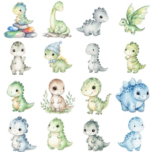 Hand-painted watercolor baby dinosaur PNGs in soft pastel colors, ideal for kids’ birthday party decor and printable crafts.