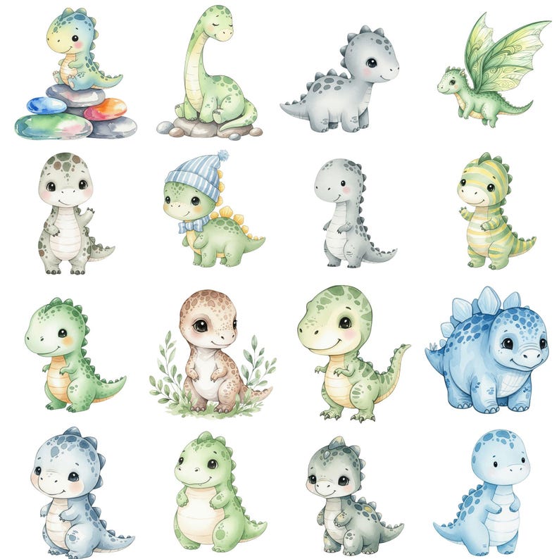 Hand-painted watercolor baby dinosaur PNGs in soft pastel colors, ideal for kids’ birthday party decor and printable crafts.