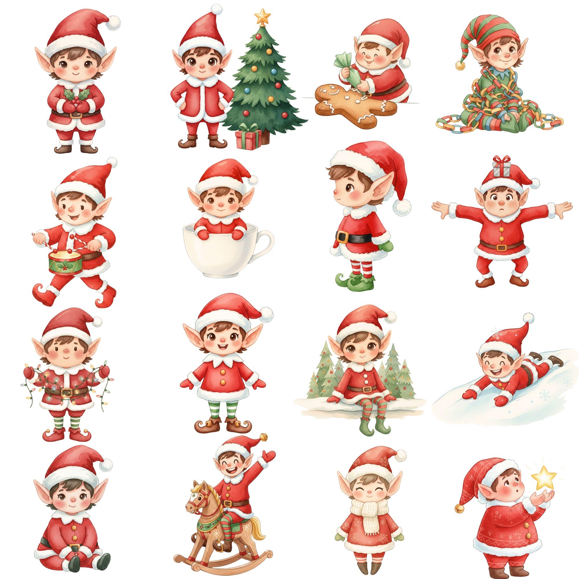 Christmas Elf Clipart Set, Watercolor Holiday Elves PNG, Cute Santa ...