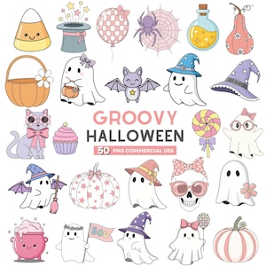 Groovy Halloween Clipart, Retro Halloween Png, Flower Ghosts, Hippie Pumpkins, Disco Cats, Pink Pumpkins, Vintage Doodles, Spooky Cute Witch
