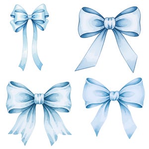 Aesthetic blue bow PNG illustrations in soft watercolor style for commercial use