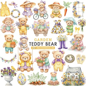 May include: Watercolor illustrations of teddy bears in a garden theme. The bears are depicted with flowers, gardening tools, and accessories. The image includes text that reads "GARDEN TEDDY BEAR" and "63 PNG COMMERCIAL USE".