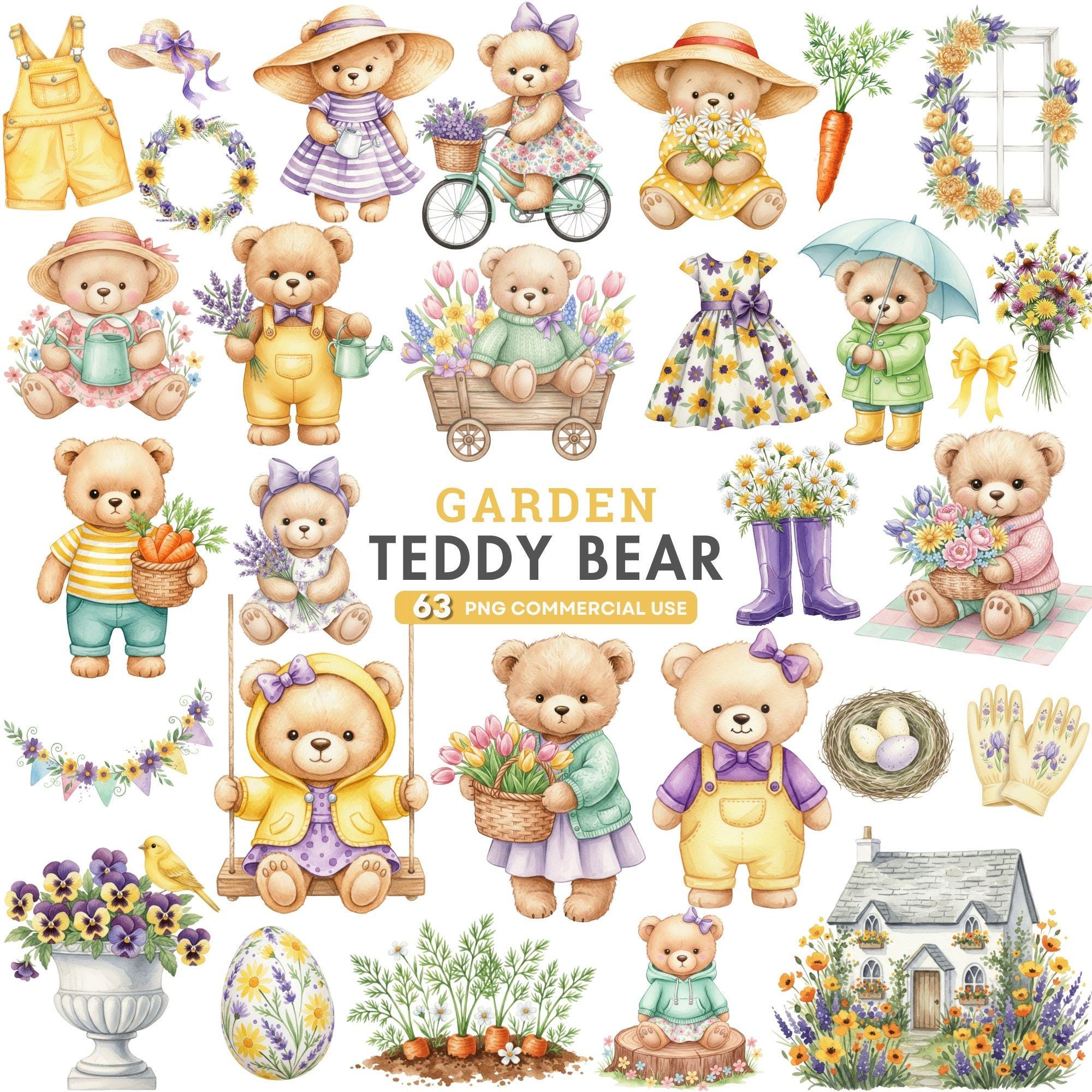Watercolor Teddy Bear Clipart, Spring Bear PNG, Cute Baby Bear Art ...