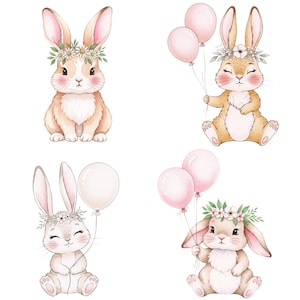 Floral bunny clipart in soft watercolor, designed for nursery prints, baby shower invitations, and DIY wall art projects.