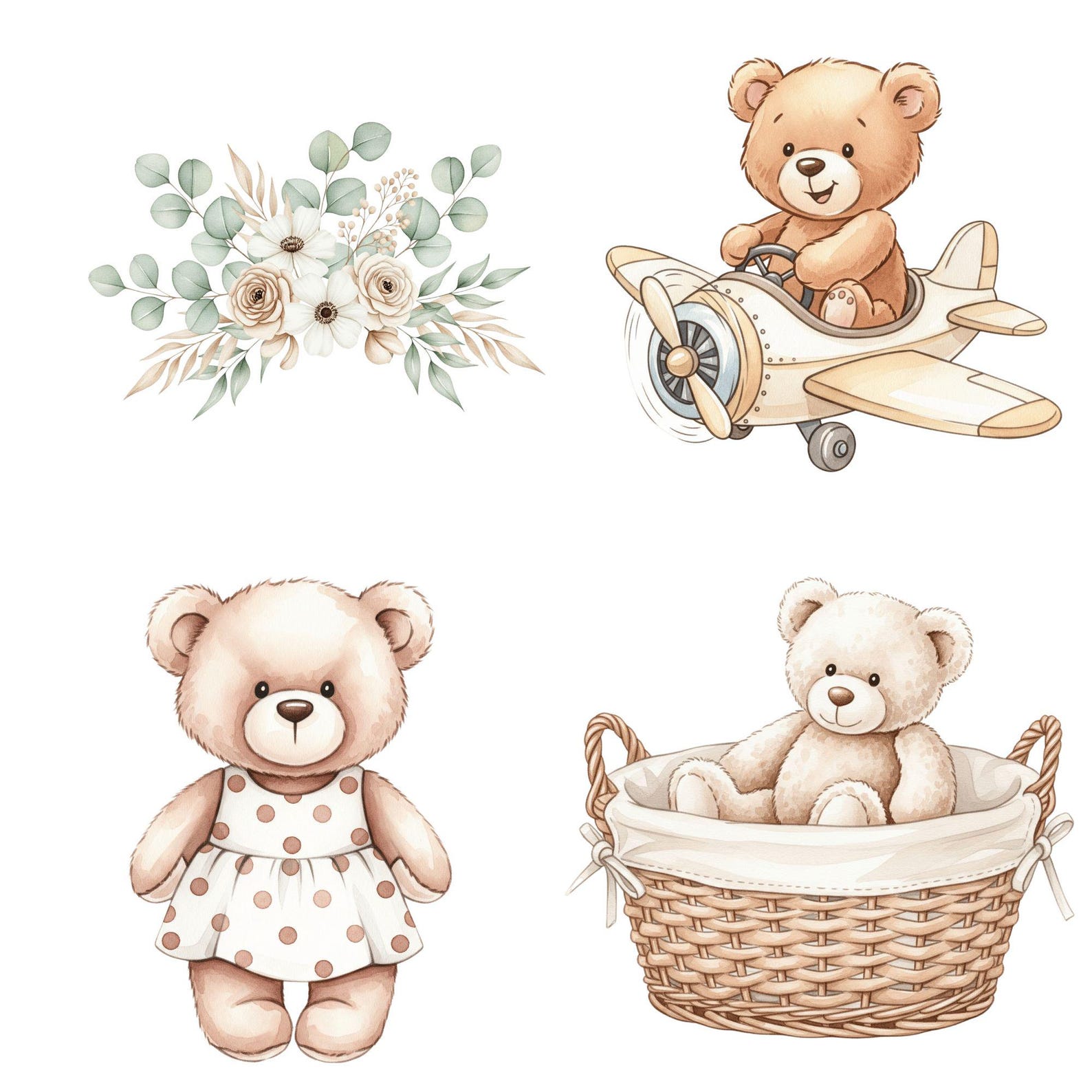 Teddy Bear Clipart, Neutral Boho Baby Shower Clipart, Watercolor Teddy ...