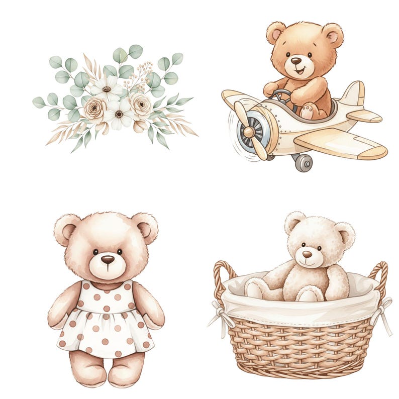 Teddy Bear Clipart, Neutral Boho Baby Shower Clipart, Watercolor Teddy ...