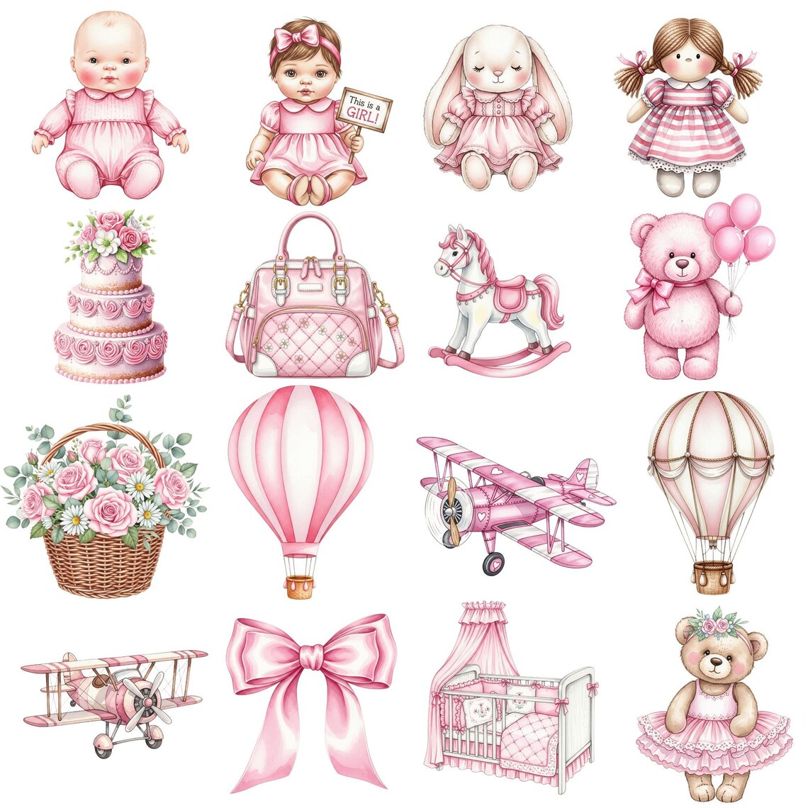 Watercolor Baby Girl Clipart Set: Boho Nursery PNG Graphics (digital ...