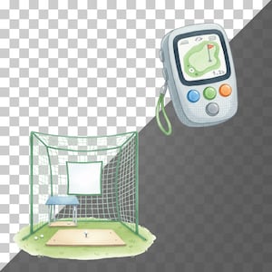 Printable golf clipart set featuring hand-drawn watercolor golf elements including clubs, balls, and carts for DIY crafts and gifts.