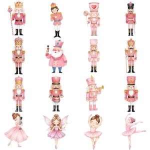 Watercolor Pink Nutcracker and Mouse King clipart bundle, whimsical Christmas characters ideal for scrapbooking and digital holiday projects.
