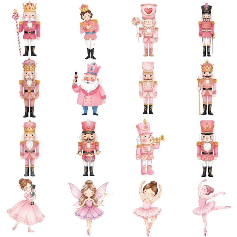 Watercolor Pink Nutcracker and Mouse King clipart bundle, whimsical Christmas characters ideal for scrapbooking and digital holiday projects.