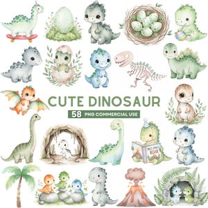 Watercolor cute dinosaur clipart set featuring baby dinosaurs, triceratops, and T-Rex, perfect for nursery wall art and baby shower invitations.