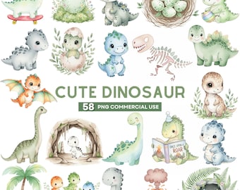 Cute Dinosaur Clipart, Watercolor Baby Dino PNG, Dinosaur Baby Shower, Dino Birthday Party, T-Rex Clipart, Cartoon Dinosaur, Commercial Use
