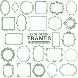 Könnte beinhalten: Eine Sammlung von 41 salbeigrünen Rahmen in verschiedenen Formen und Stilen, darunter ovale, quadratische und verzierte Designs. Der Text "SAGE GREEN FRAMES" ist mittig platziert, darunter steht "41 PNG COMMERCIAL USE".